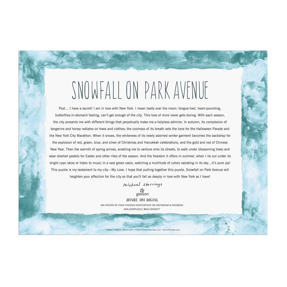 Puzzle 1000 Pièces Galison - Chutes de Neige sur Park AvenueGalison