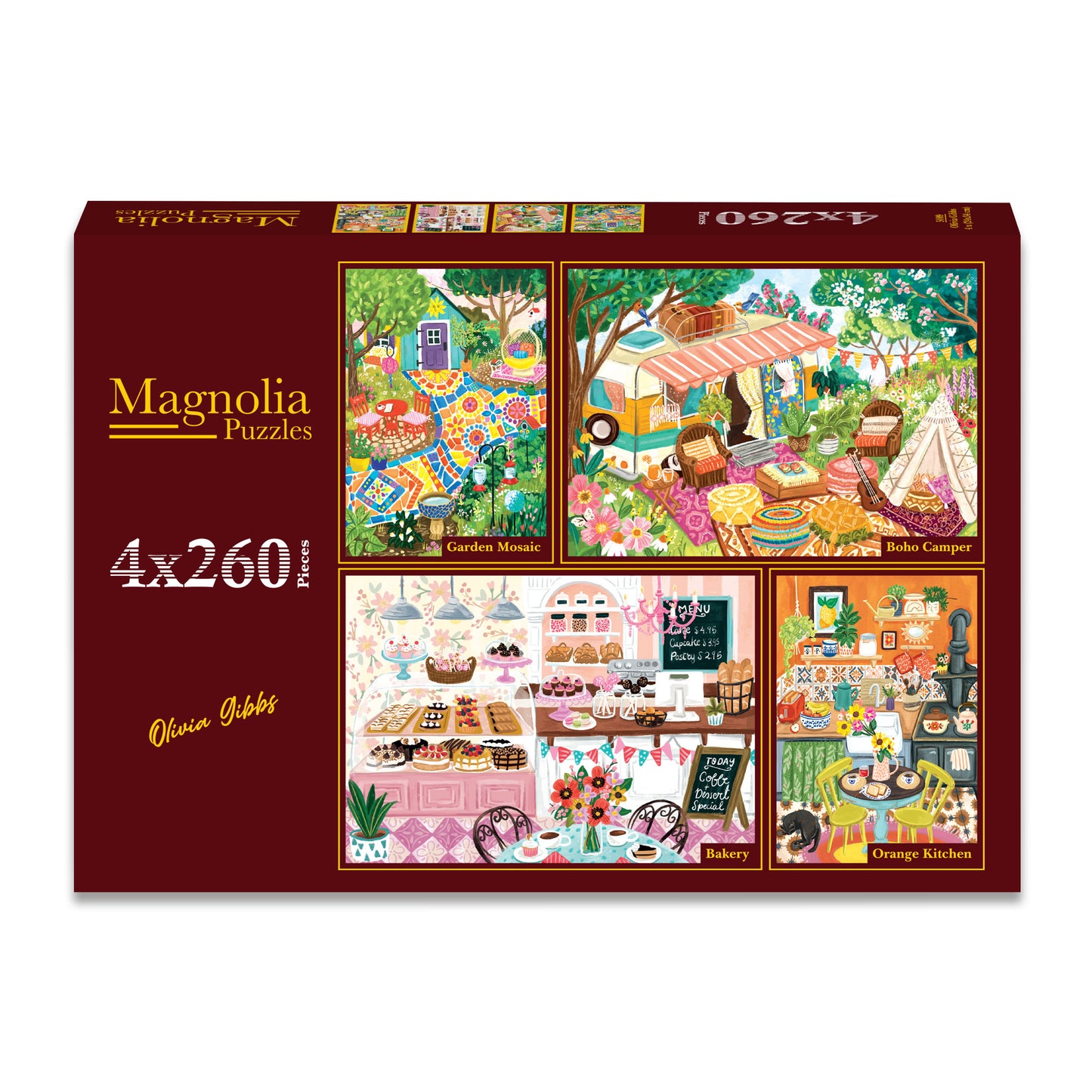 4 Puzzles 260 Pièces - Olivia Gibbs - Garden Mosaic - Boho Camper - Bakery - Orange Kitchen - Magnolia-5009