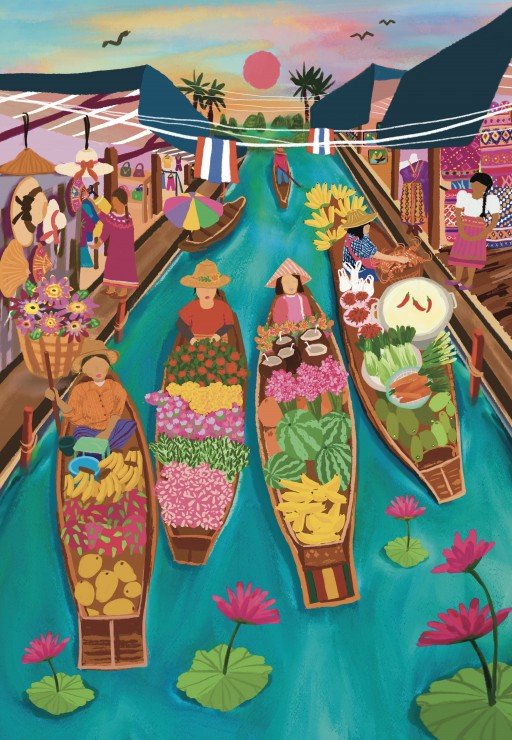 Puzzle 1000 Pièces Pieces & Peace - Marché Flottant en ThaïlandePieces & Peace