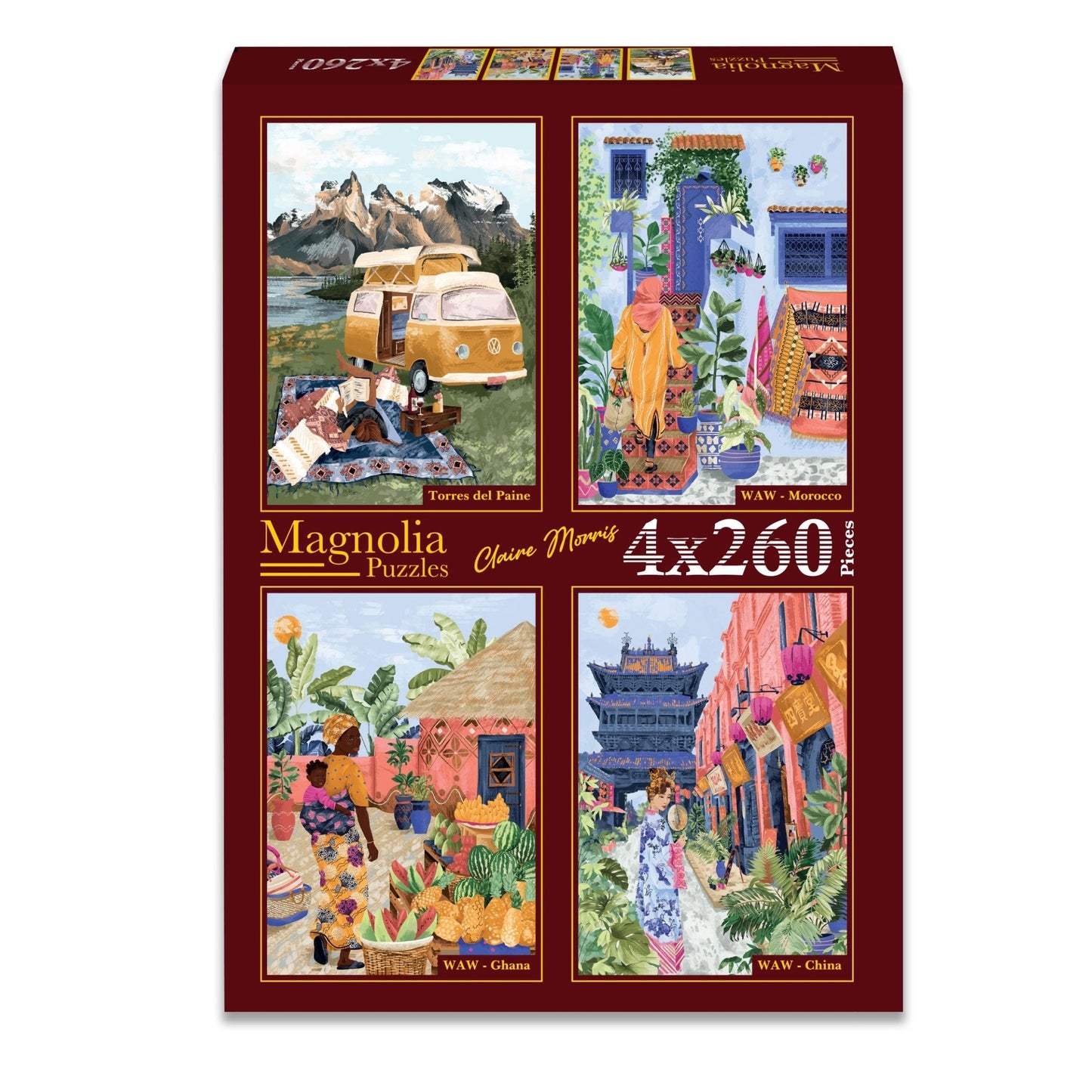 4 Puzzles 260 Pièces - Claire Morris - Torres del Paine - Morroco - Ghana - ChinaMagnolia