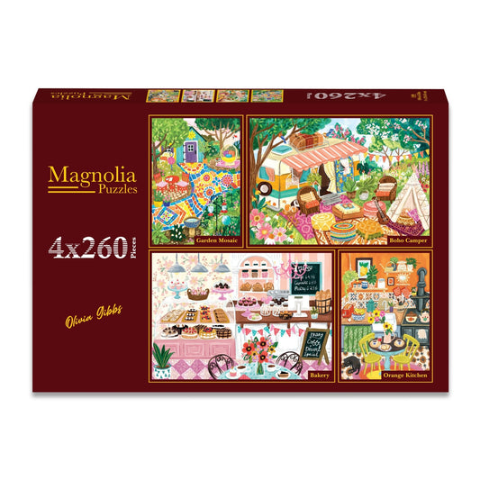 4 Puzzles 260 Pièces - Olivia Gibbs - Garden Mosaic - Boho Camper - Bakery - Orange KitchenMagnolia