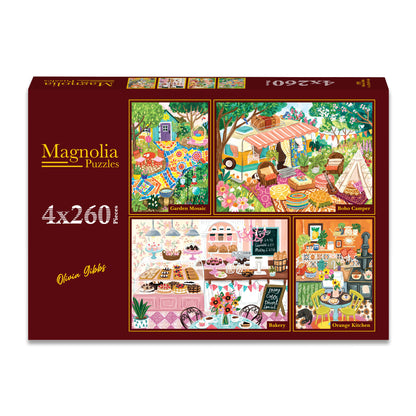 4 Puzzles 260 Pièces - Olivia Gibbs - Garden Mosaic - Boho Camper - Bakery - Orange Kitchen - Magnolia-5009