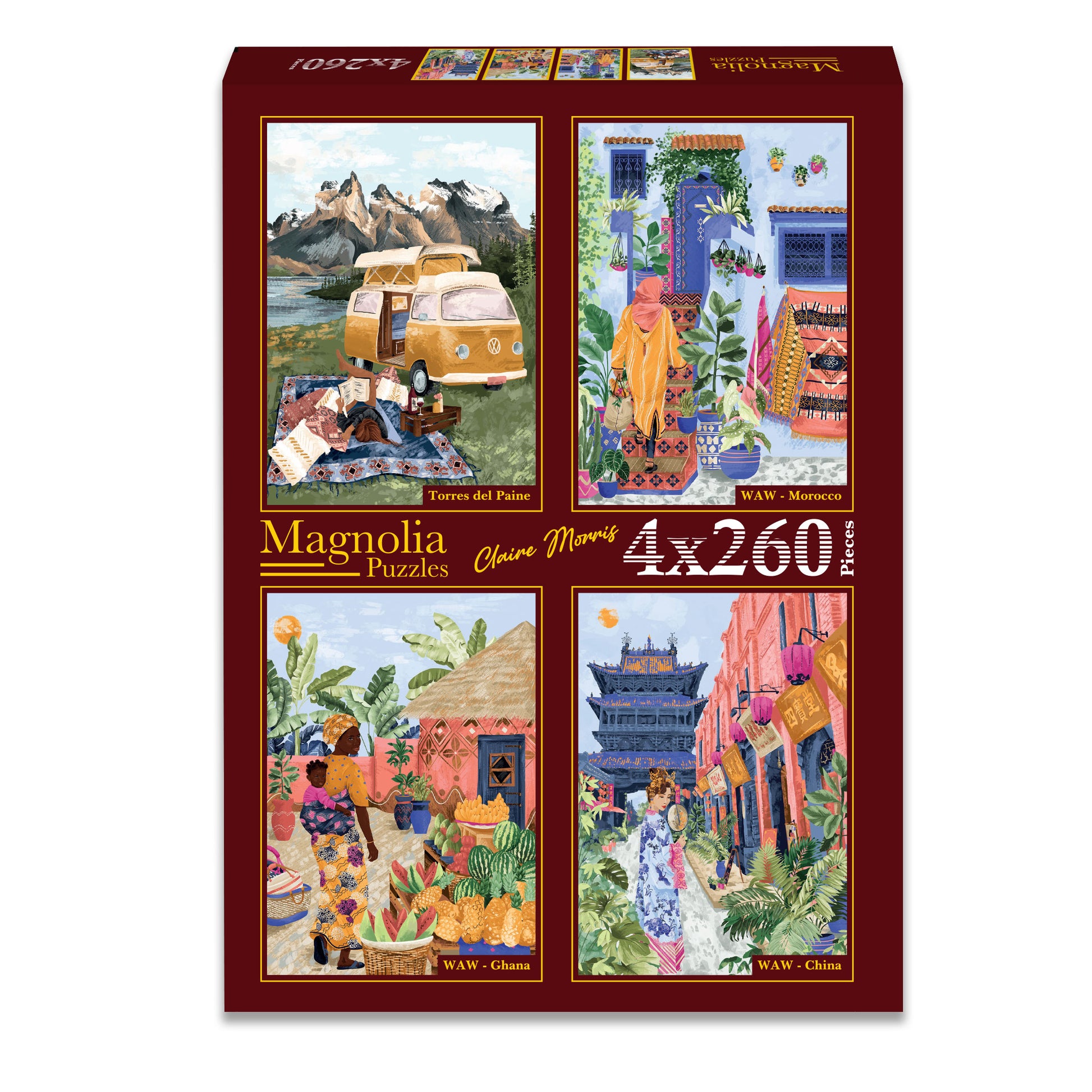 4 Puzzles 260 Pièces - Claire Morris - Torres del Paine - Morroco - Ghana - China - Magnolia-5007