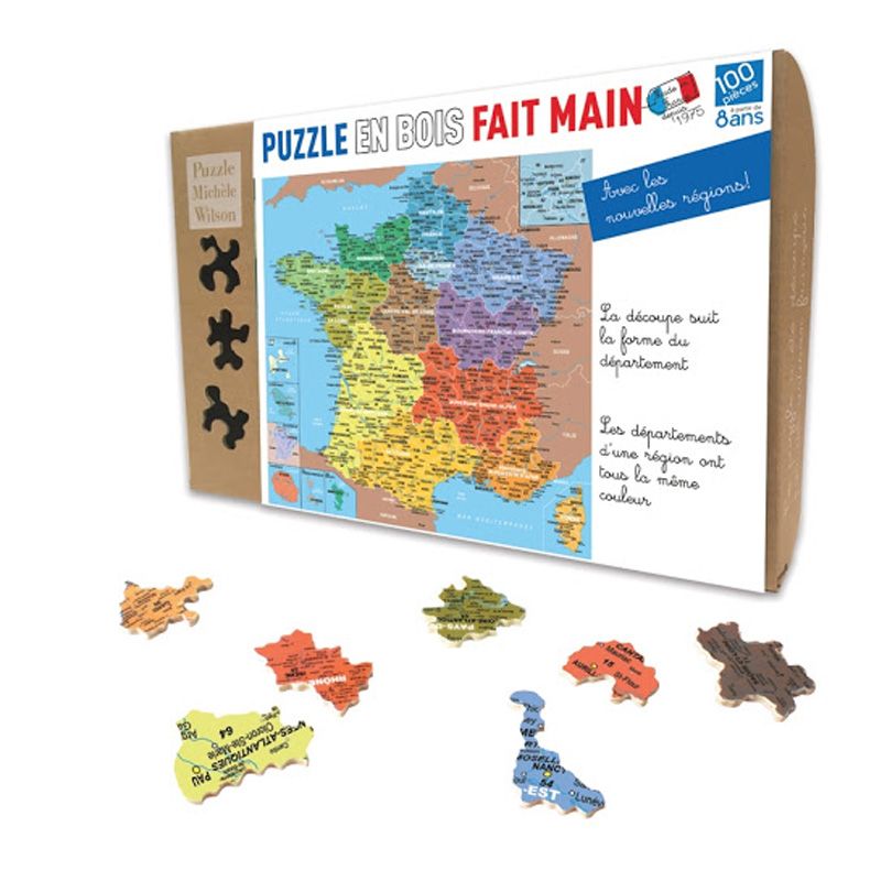 Puzzle en bois découpé à la main de 100 pièces - Carte De France DepartementPuzzle Michèle Wilson