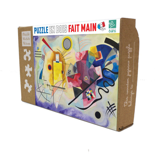 Puzzle en bois découpé à la main de 50 pièces - Jaune Rouge BleuPuzzle Michèle Wilson