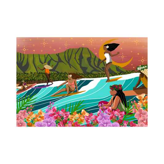 Puzzle 1000 pièces d'un paysage paradisiaque des plages hawaïenne avec des femmes en train de surfer.